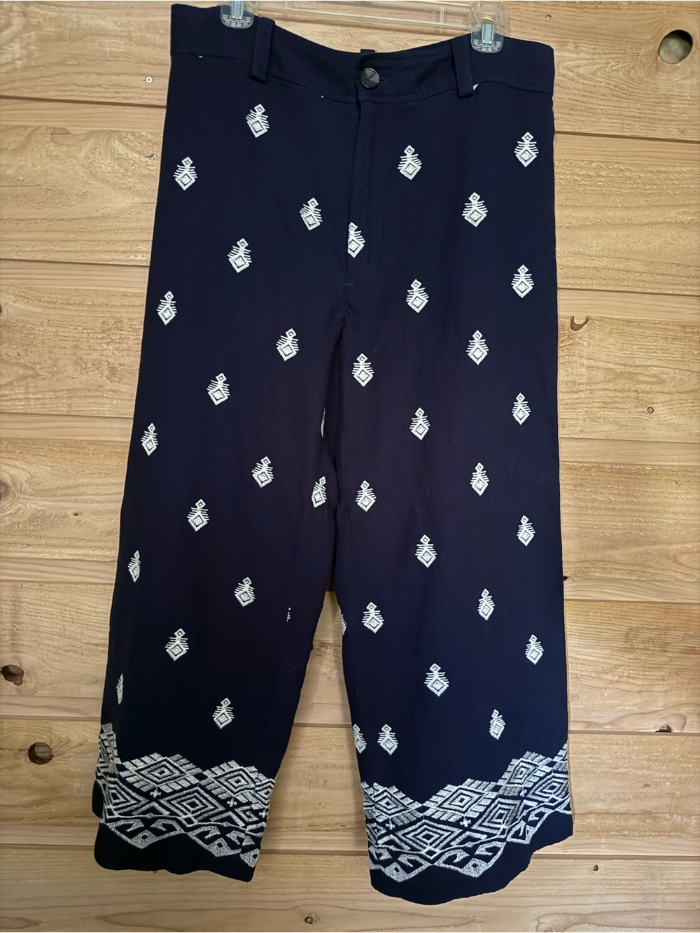 Zara Boho Casual Navy Linen Wide leg Cropped pants Aztec  Embroidery